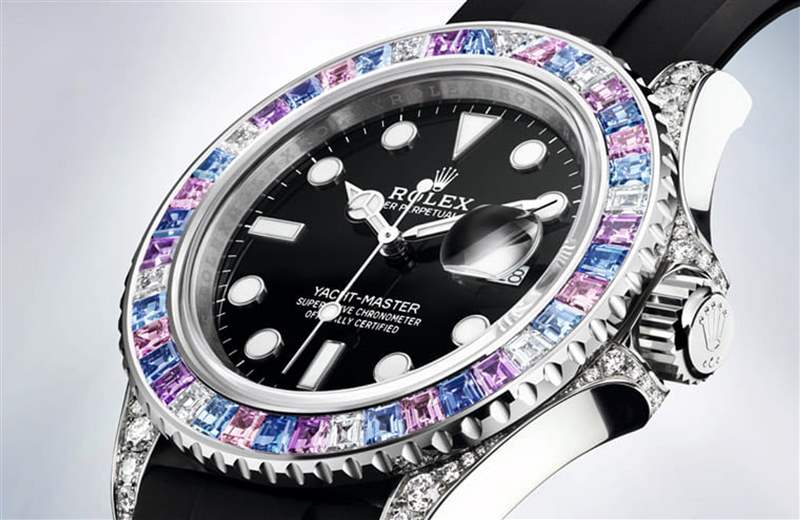 Rolex Yacht-Master彩虹圈手表表殼鑲上彩色寶石、鉆石低調奢華-復刻表