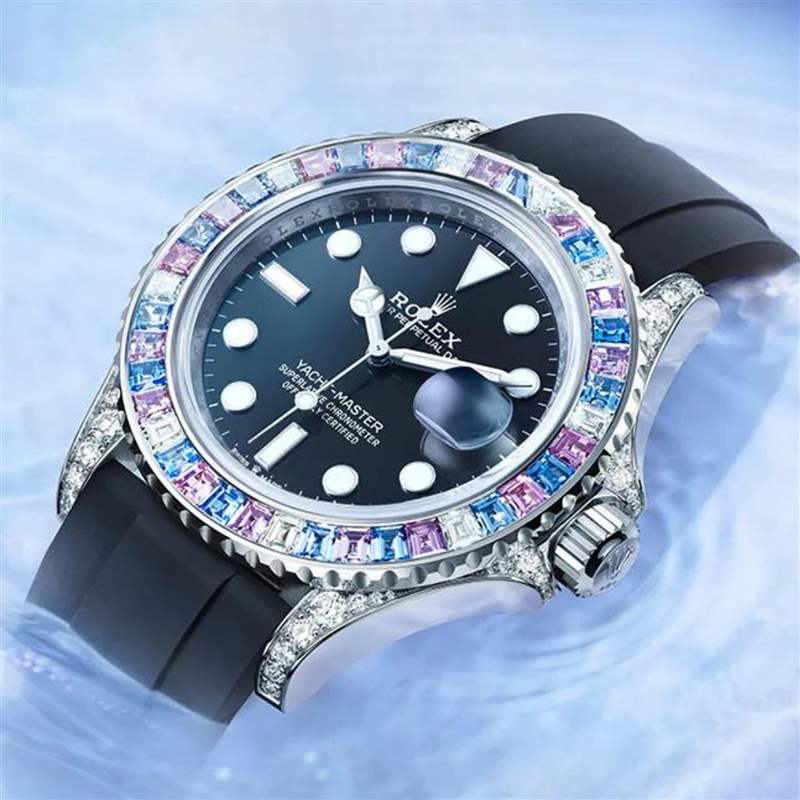 Rolex Yacht-Master彩虹圈手表表殼鑲上彩色寶石、鉆石低調奢華-復刻表