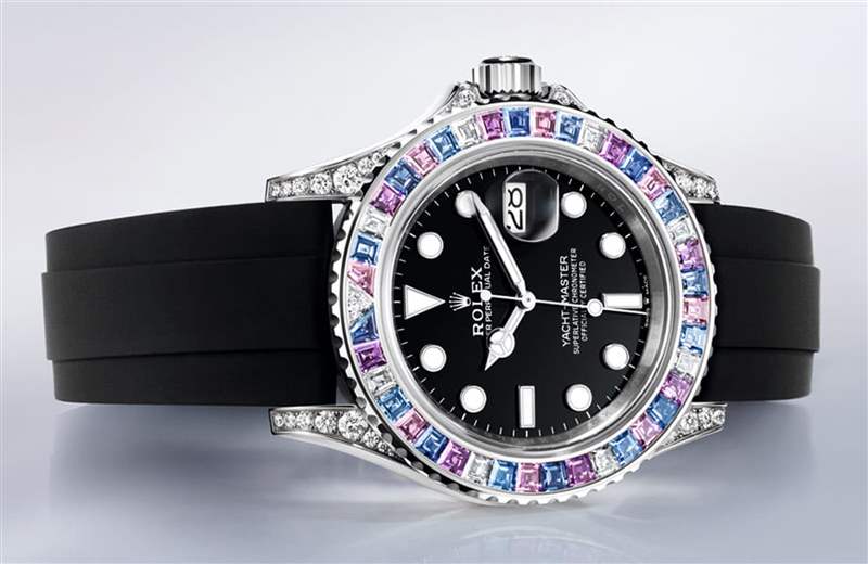 Rolex Yacht-Master彩虹圈手表表殼鑲上彩色寶石、鉆石低調奢華-復刻表